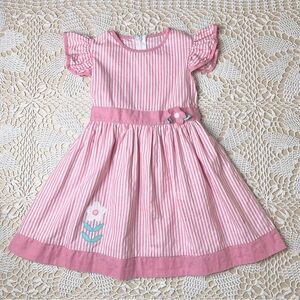 Vintage 1980s Ceil Ainsworth Girls 4 Pink Striped Floral Flutter Sleeve Dress